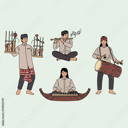 Four Indonesian musicians playing traditional instruments, showcasing cultural music.