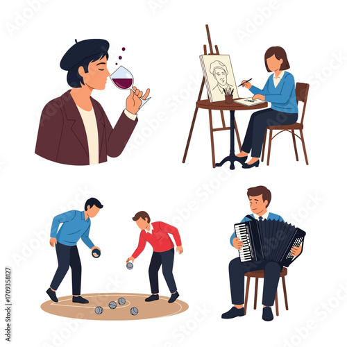 A quartet of leisure activities: wine tasting, painting, pétanque, and accordion music.