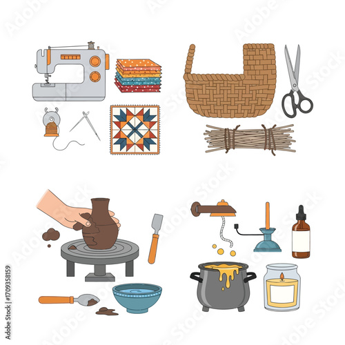 A collection of crafting tools and supplies illustrating diverse handmade projects, including sewing, basket weaving, pottery, and candle making.