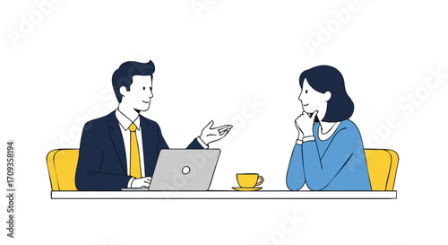 Confident professional discussing ideas with colleague during modern business meeting, achieving success.