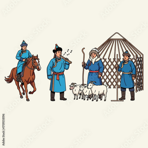 Nomadic Mongolian pastoral life depicted, showcasing herders with livestock near a yurt.