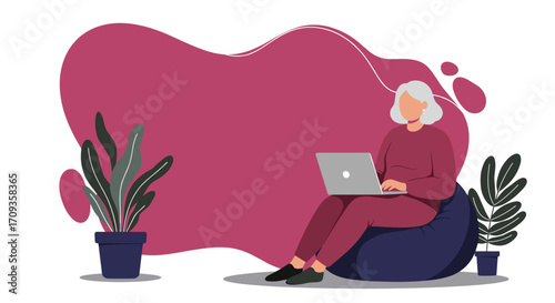 Modern flat design illustration of a senior woman using laptop, perfect for landing page banners, marketing presentations, and web design projects needing a touch of elegance and sophistication.
