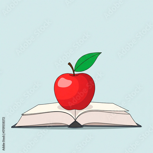 Illustration of a red apple on an open book on a blue background