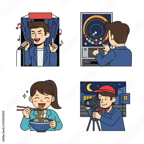 Four cartoon illustrations depict a singer, a gamer, a person eating noodles, and a cameraman filming at night.