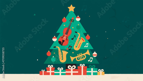 Illustration Of A Christmas Tree With Musical Instruments And Ornaments Vector Design Template