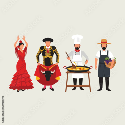 Illustration showcasing Spanish culture: a flamenco dancer, a matador, a chef cooking paella, and a farmer with grapes.