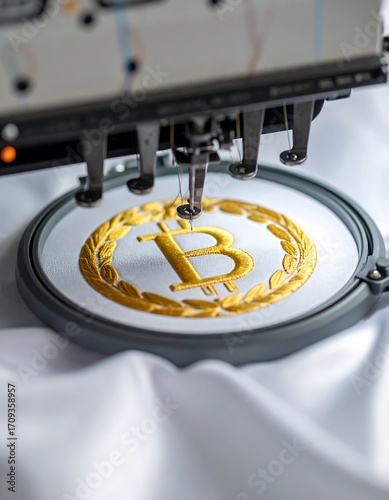 Close-up of a machine embroidering a gold Bitcoin symbol on a white garment