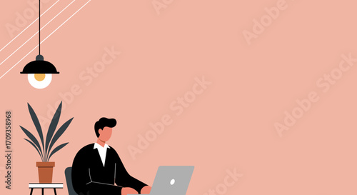 Illustrative image of a person focused on their laptop in a modern, earthy-toned setting. Ideal for remote work, digital learning, and creative business concepts.