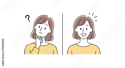 Confused woman thinks then has a bright idea, showing a clear decision or solution achieved