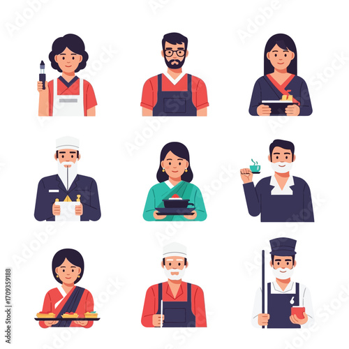 Diverse Asian restaurant staff avatars, showcasing various roles and attire.
