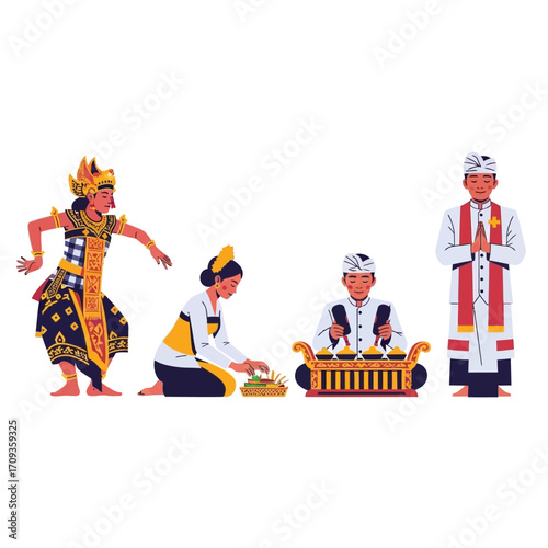 Illustration of Balinese people in traditional attire, performing cultural activities.