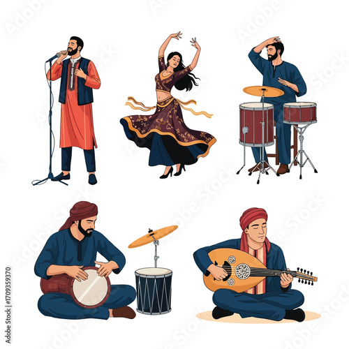 A vibrant illustration depicting a musical ensemble with a singer, dancer, and instrumentalists.