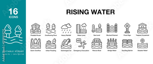 Rising Water icon set. Includes water, nature, ocean, sea, rise and More. Editable Stroke Icon Collection.