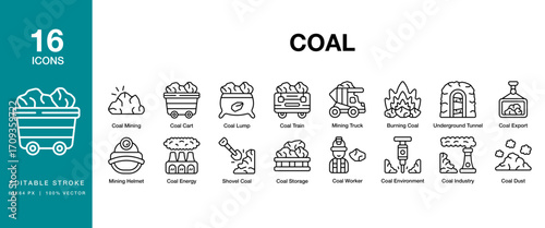 Coal icon set. Includes coal, industry, energy, black, charcoal and More. Editable Stroke Icon Collection.