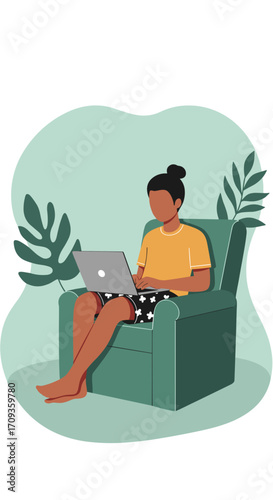 A woman works remotely on a laptop, comfortably seated in an armchair, surrounded by indoor plants, showcasing a modern flat design for web design and marketing purposes.