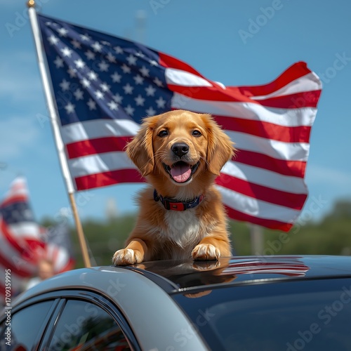 Patriotic Golden Puppy Celebrating with American Flags on Car Roof