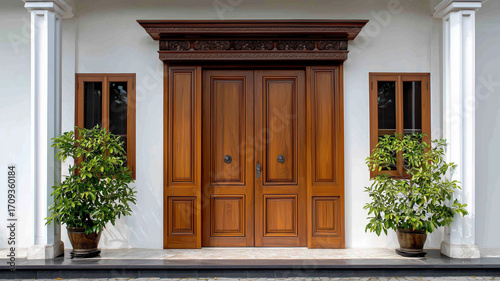 Wooden double door with flanking windows and potted plants