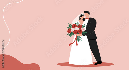 Happy bride and groom embrace, celebrating their wedding day with a beautiful floral bouquet. Ideal for invitations, love, and relationship themes.