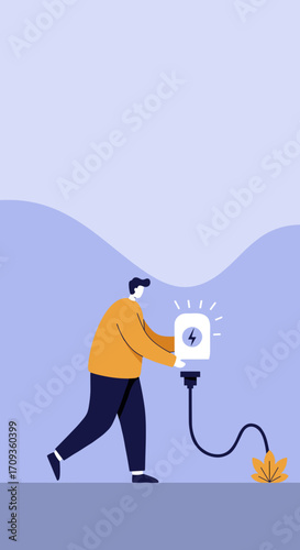 Person drawing sustainable energy from a plant using an innovative device, representing eco-friendly power and environmental responsibility.