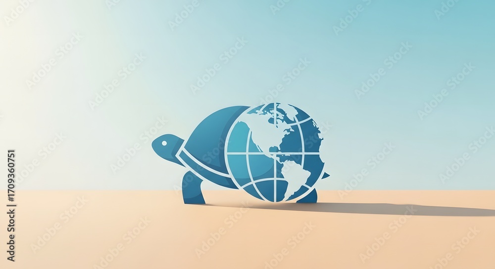 Fototapeta premium A stylized blue turtle carrying a globe, symbolizing environmental awareness and global responsibility.