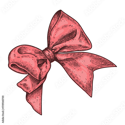 Hand drawn red bow. Christmas decor. Vector illustration