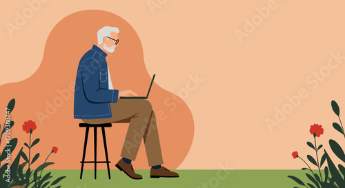 An elderly man with glasses sits on a stool outdoors using a laptop, showcasing a modern, flat design style suitable for web design and marketing materials.