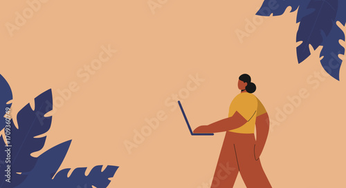 Person walking outdoors with a laptop, embodying remote work and digital nomad lifestyle amidst tropical leaves. Ideal for business, technology, and travel themes.