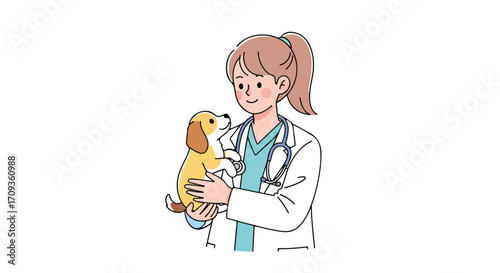Veterinarian holding and examining cute puppy.