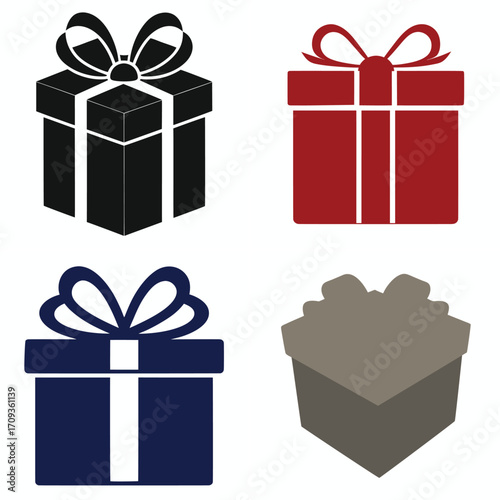 Four colorful gift boxes with ribbons and bows isolated on a white background representing celebration and giving