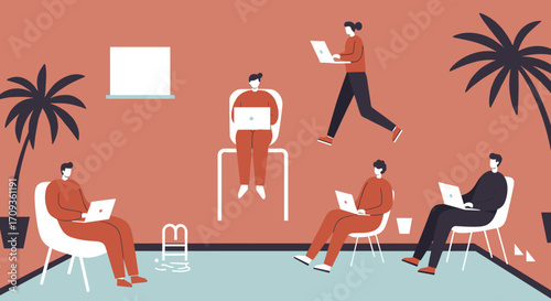 African American man working remotely on a laptop, sitting comfortably on an office chair. Represents digital nomad, online business, and flexible lifestyle.