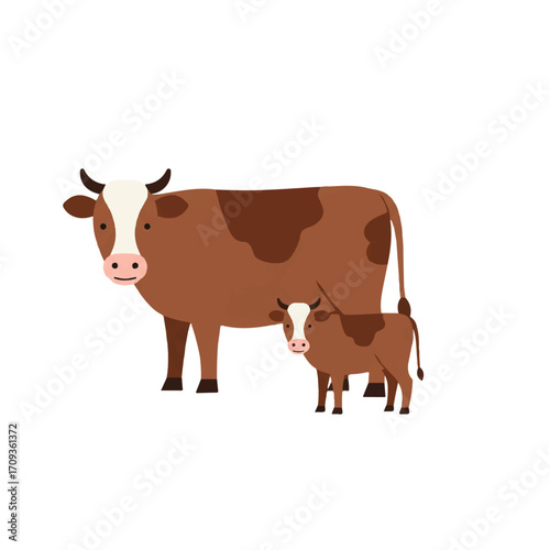 A charming flat 2D vector illustration features a gentle adult cow and its small calf standing closely together on a clean, plain white background, highlighting their tender bond.
