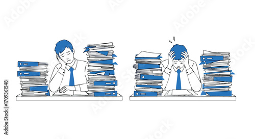 Overwhelmed businessman struggling with paperwork and stress at office desk, feeling burnout