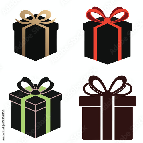 Four black gift boxes with colorful ribbon bows for holidays and celebrations