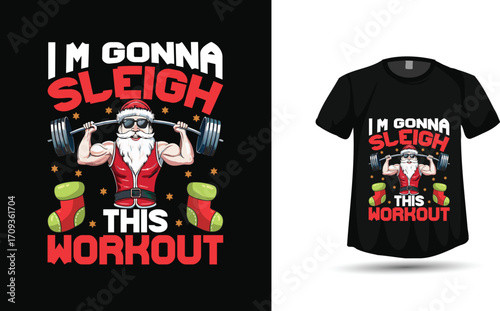 Merry Fitmas and a Happy New Rear" Funny Weightlifting Santa Claus T-Shirt Design