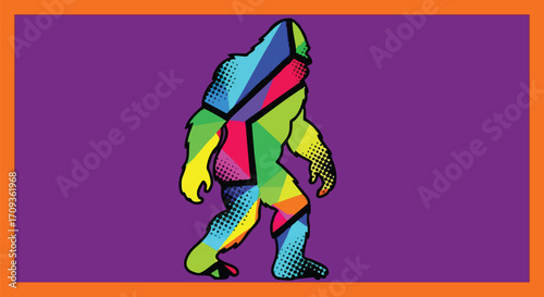 Vibrant, modern Bigfoot silhouette art with playful, geometric color blocks and halftone dots