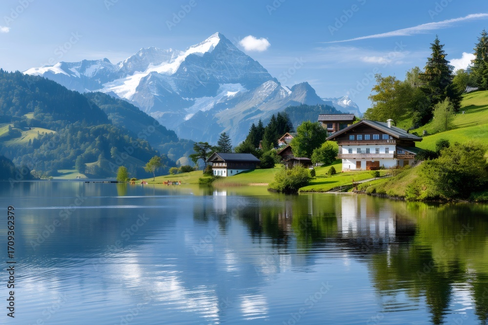 Naklejka premium Seealpsee, idyllic mountain landscape reflecting on the lake in the Swiss Alps