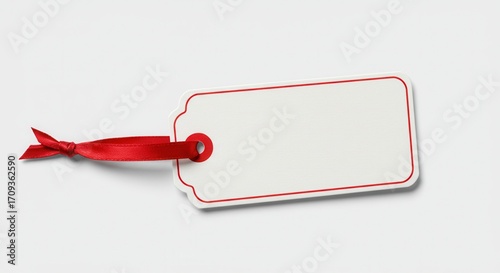 Blank paper gift tag with red ribbon and border isolated on a white background.