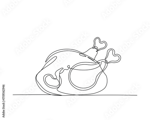 Chicken carcass outline drawing illustration. one continuous line drawing of roasted chicken.