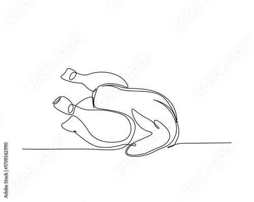 Chicken carcass outline drawing illustration. one continuous line drawing of roasted chicken.