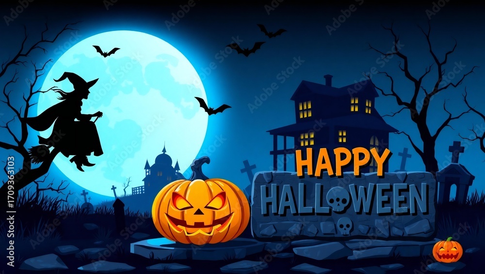 Fototapeta premium Spooky halloween night with witch flying past haunted house and pumpkin