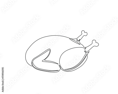 Chicken carcass outline drawing illustration. one continuous line drawing of roasted chicken.