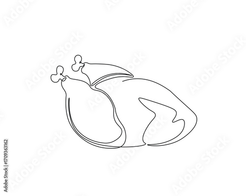 Chicken carcass outline drawing illustration. one continuous line drawing of roasted chicken.