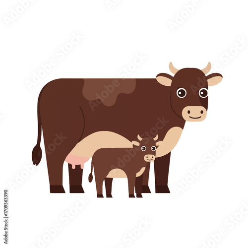 A charming flat vector illustration depicts a gentle adult cow standing beside its young calf on a pristine, minimal white background, embodying a serene and simple farm animal scene.