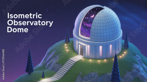 Isometric observatory dome illustration for astronomy science and space exploration projects and designs use case