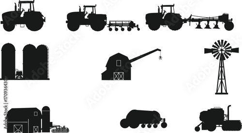 Farm tractors, barns, silos, windmill, and agricultural equipment silhouettes for rural scenes, harvesting, and farming vector illustration and design