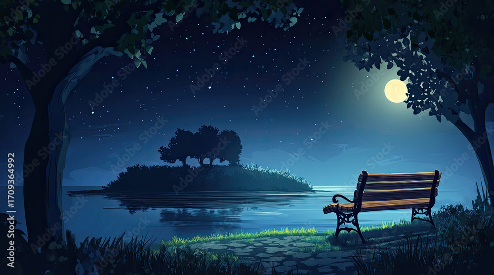 Obraz premium An illustration of a bench with a view of the sea and an island at night