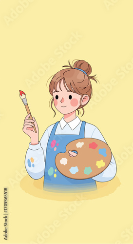 Cute Cartoon Artist Holding Paintbrush and Palette.