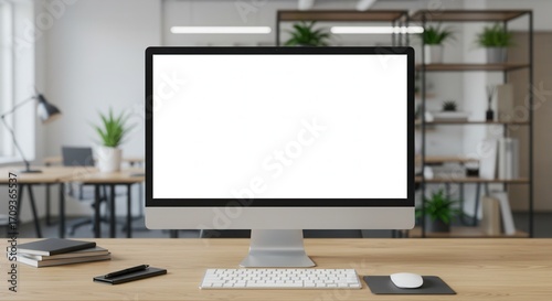 Modern office desk with computer and keyboard setup.