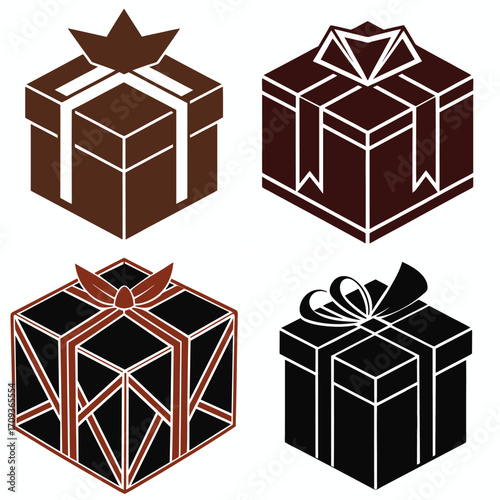 Four stylized isometric gift boxes with ribbons and bows in brown black and red colors