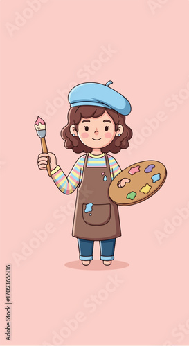 Cute Cartoon Artist Girl with Paintbrush and Palette.